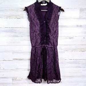 Costa Blanca Dress Size‎ M Purple Lace Ruffle Sleeveless Button Mini Short